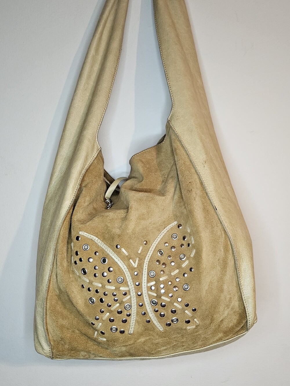 Arcadia Italy Vintage Gold Leather Hobo Bag Butterfly Embossed Y2K Rare - Picture 2 of 16